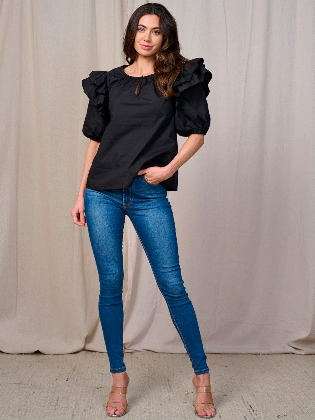 WOMEN'S SHORT RUFFLE SLEEVE KEY HOLE BLOUSE