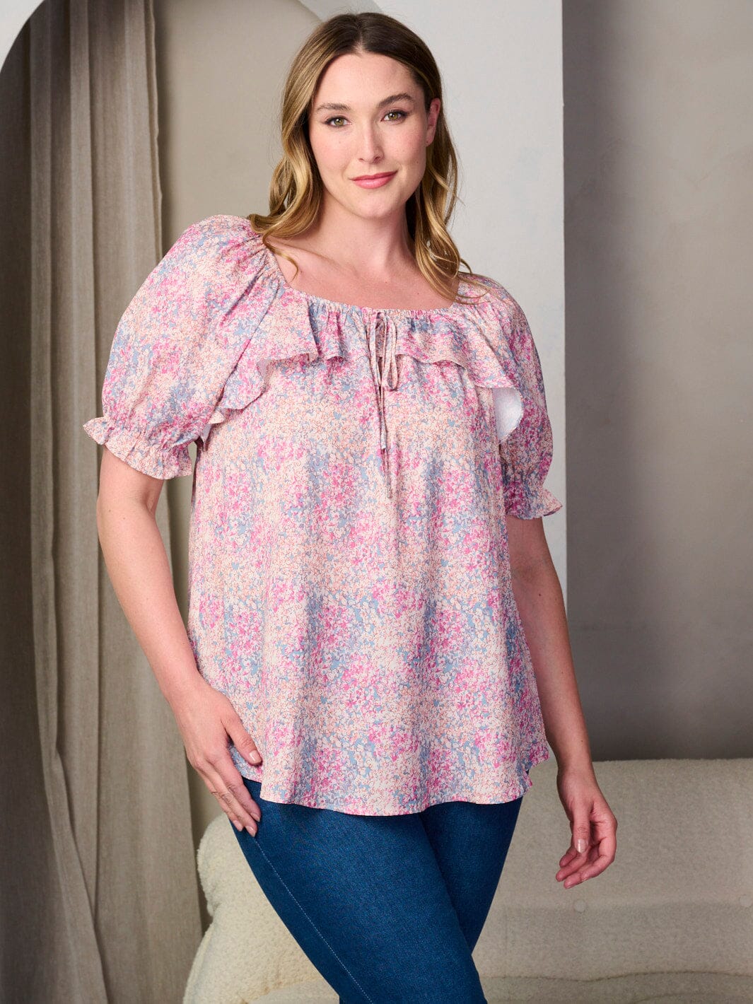 PLUS SIZE SHORT PUFF SLEEVE SQUARE NECK FLORAL RUFFLE BLOUSE TOP