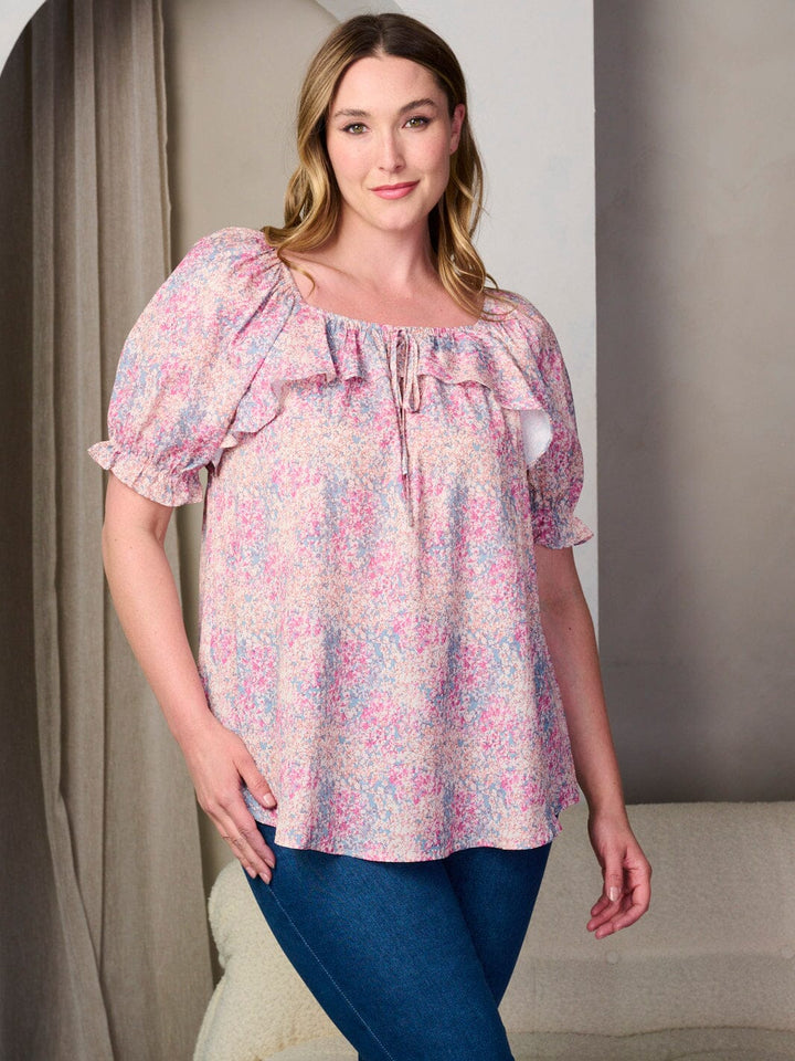 PLUS SIZE SHORT PUFF SLEEVE SQUARE NECK FLORAL RUFFLE BLOUSE TOP