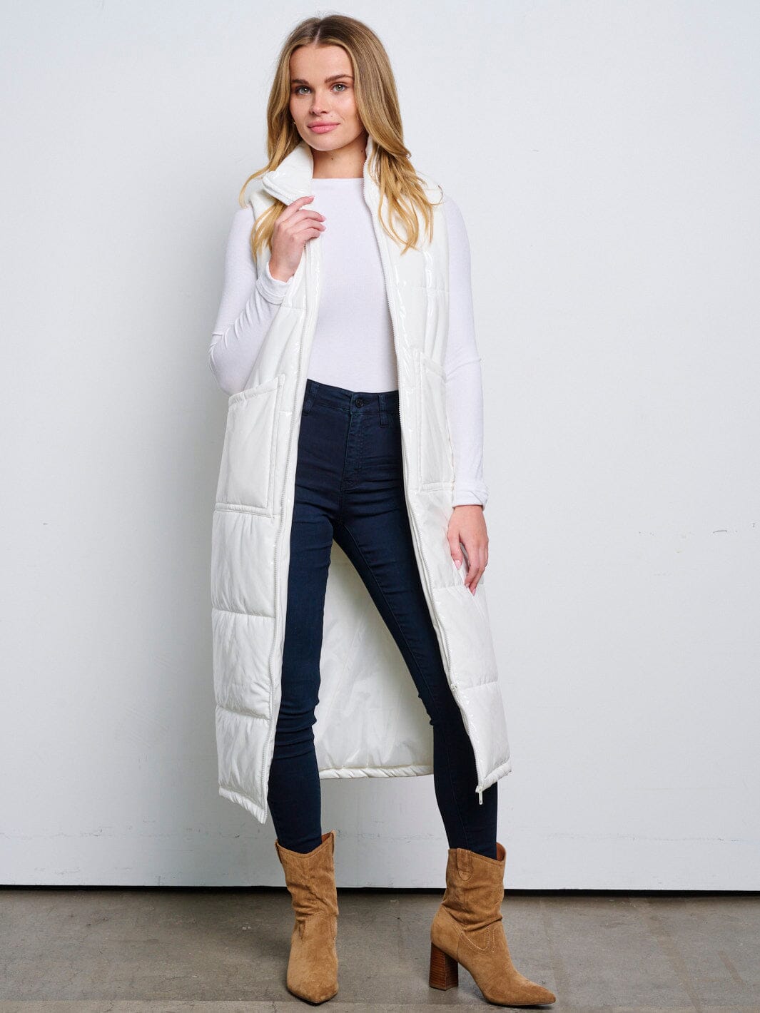 WOMEN'S SLEEVELESS ZIP UP FRONT POCKETS PU PLEATHER LONG PUFFER VEST