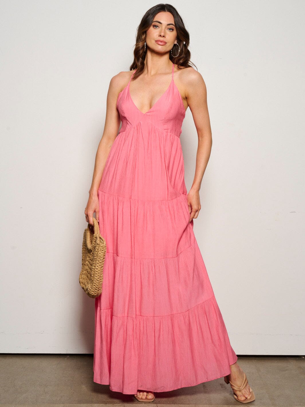 WOMEN'S SLEEVELESS V-NECK POCKETS TIERED OPEN BACK MAXI DRESS