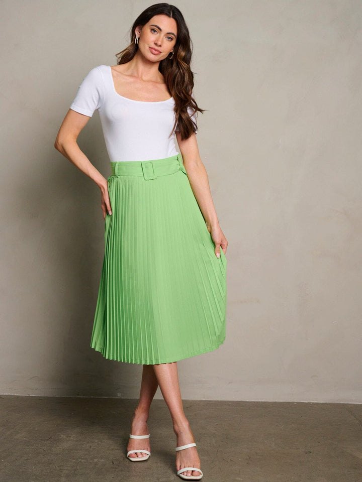 WOMEN'S ZIP UP BELTED PLEATED MIDI SKIRT