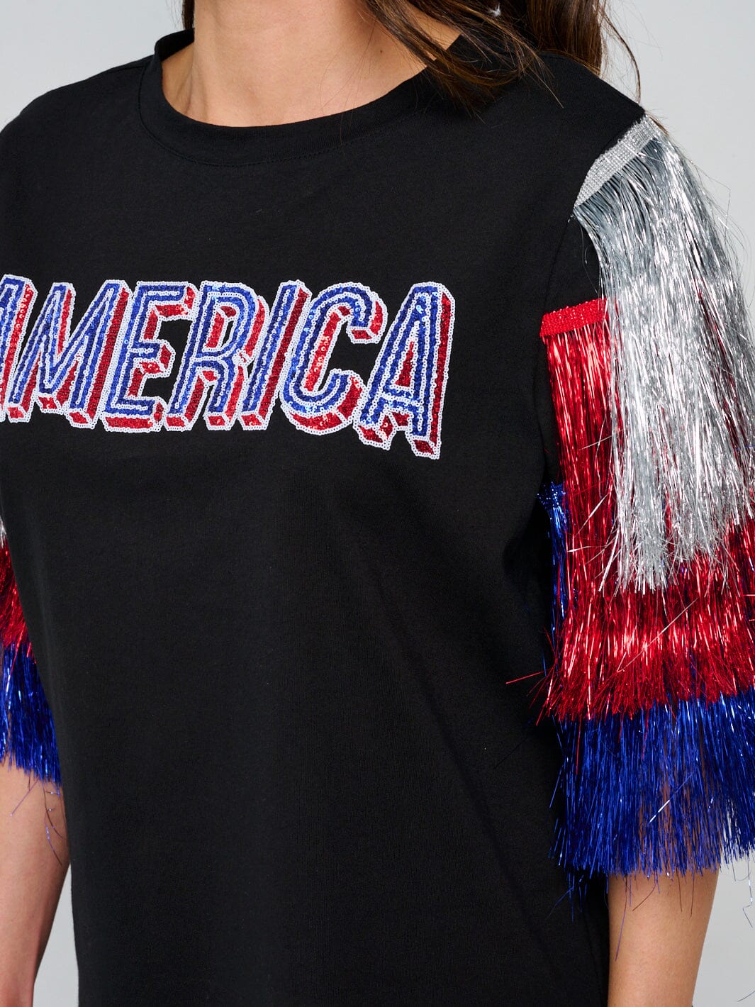 WOMEN'S SHORT FRINGE SLEEVE HIGH-LOW PATRIOTIC SHIRT