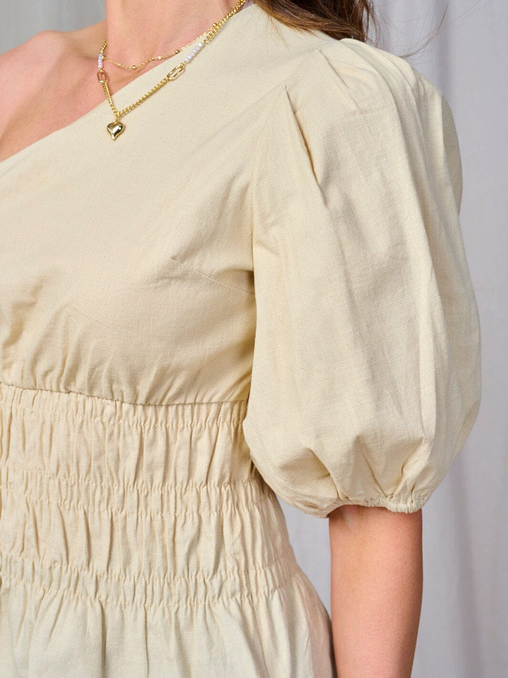 WOMEN'S ONE SHOULDER SMOCK WAIST TOP