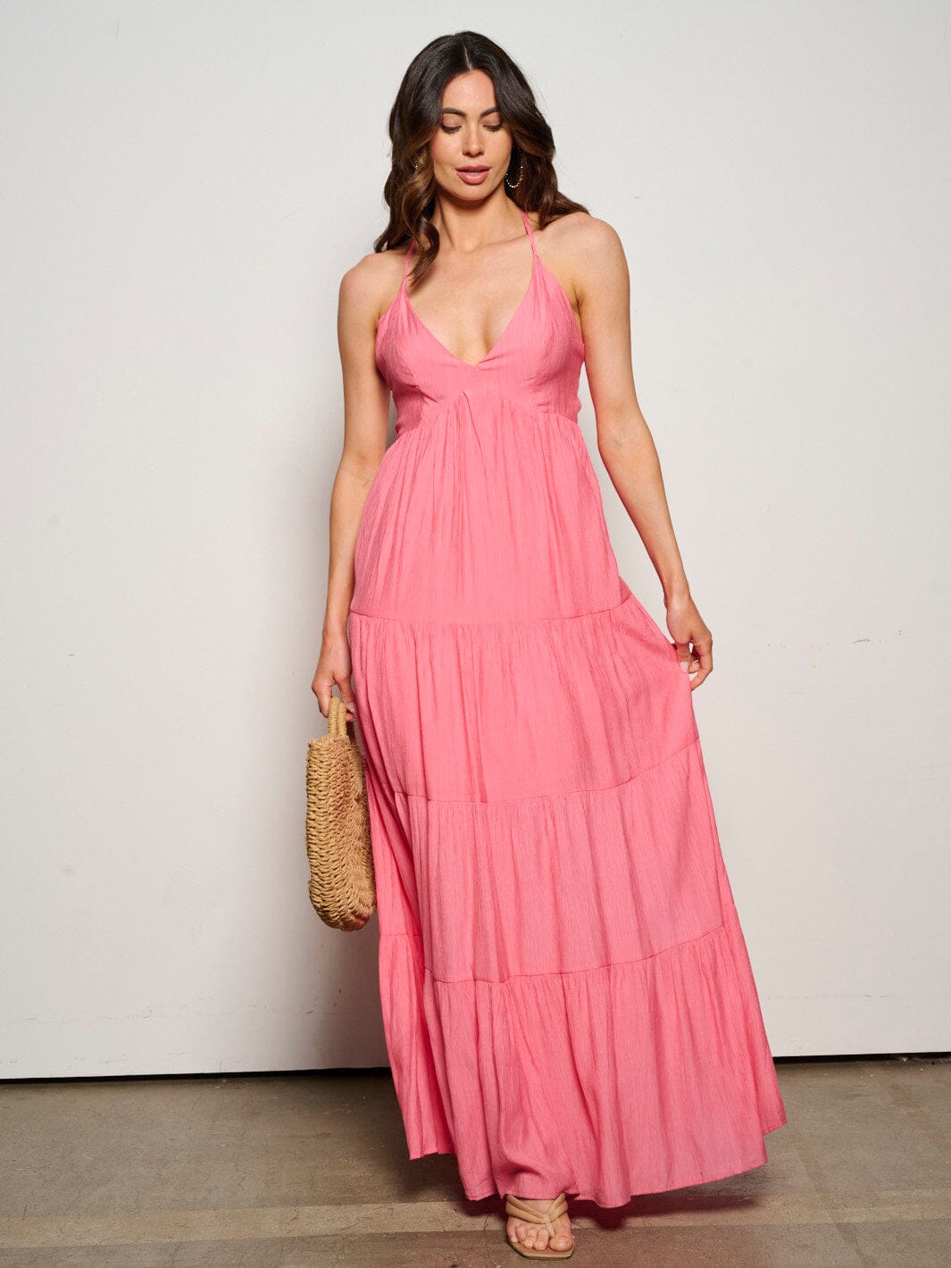 WOMEN'S SLEEVELESS V-NECK POCKETS TIERED OPEN BACK MAXI DRESS