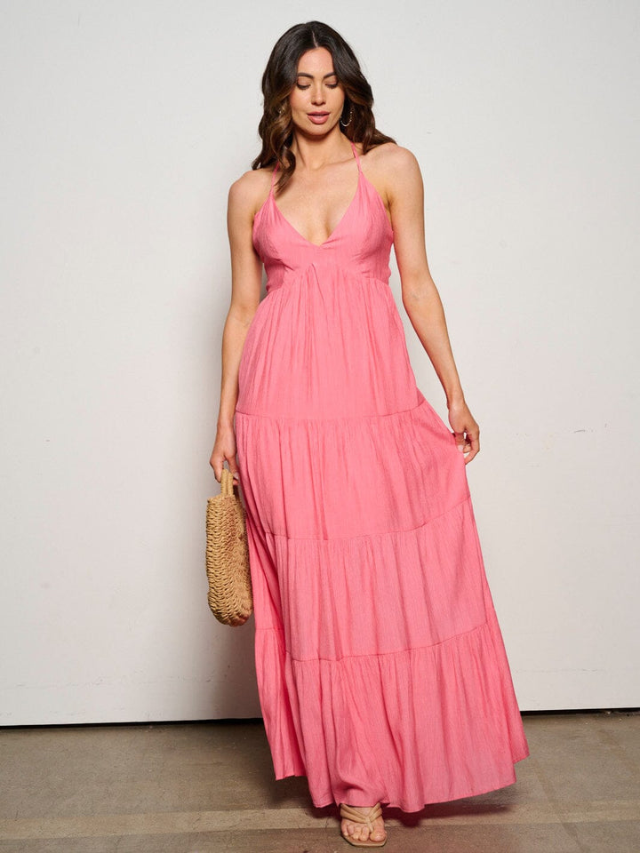 WOMEN'S SLEEVELESS V-NECK POCKETS TIERED OPEN BACK MAXI DRESS