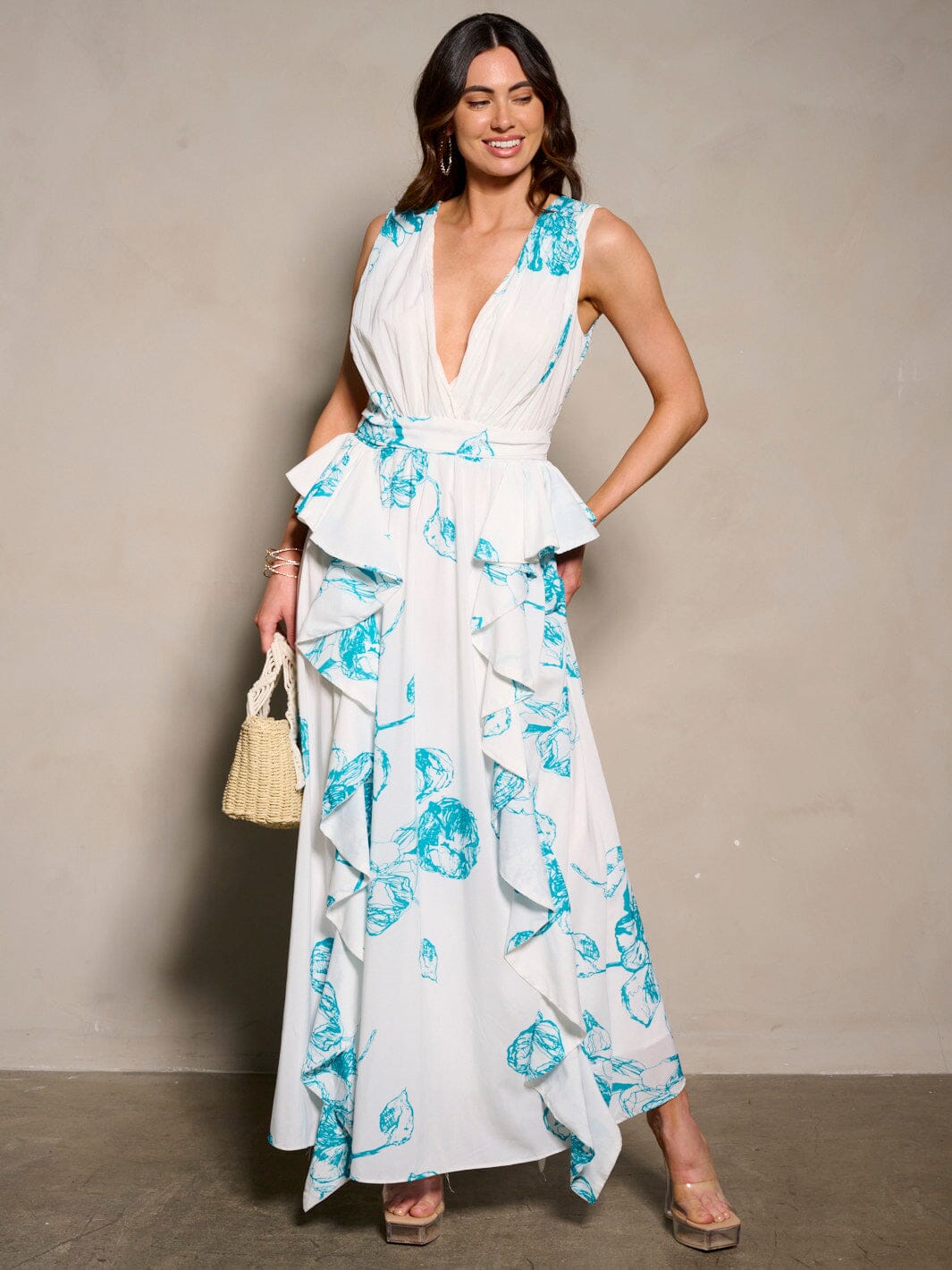 WOMEN'S SLEEVELESS V-NECK RUFFLE PRINTED MAXI DRESS