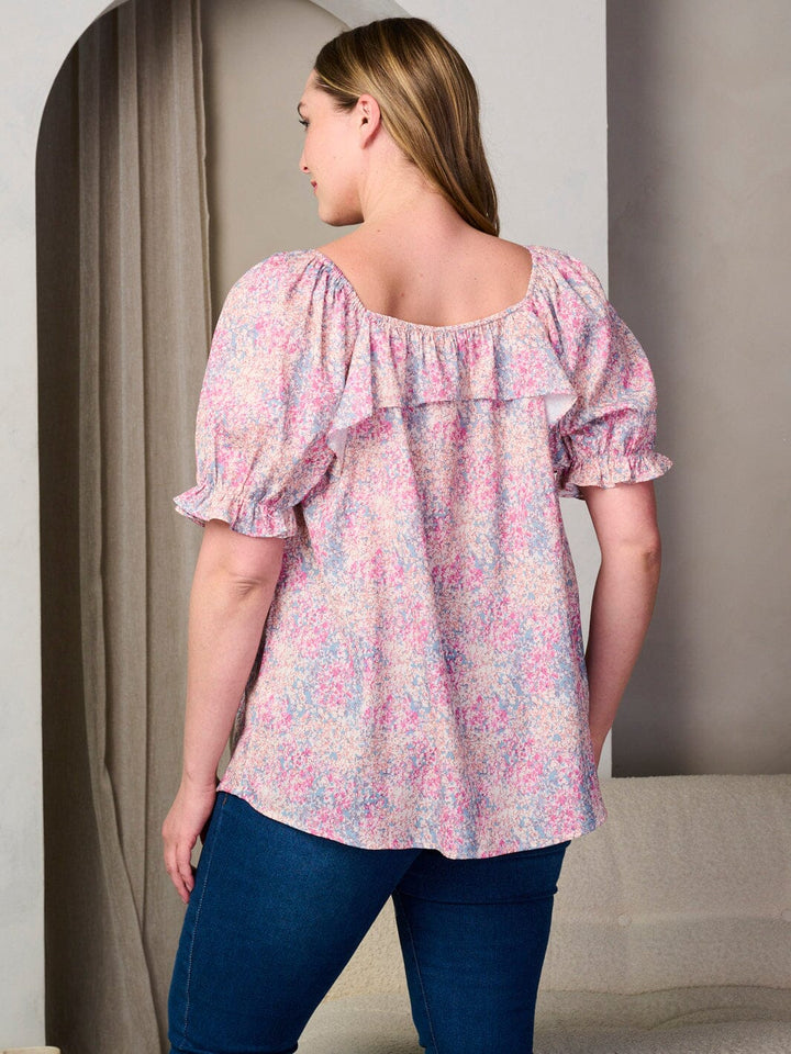 PLUS SIZE SHORT PUFF SLEEVE SQUARE NECK FLORAL RUFFLE BLOUSE TOP