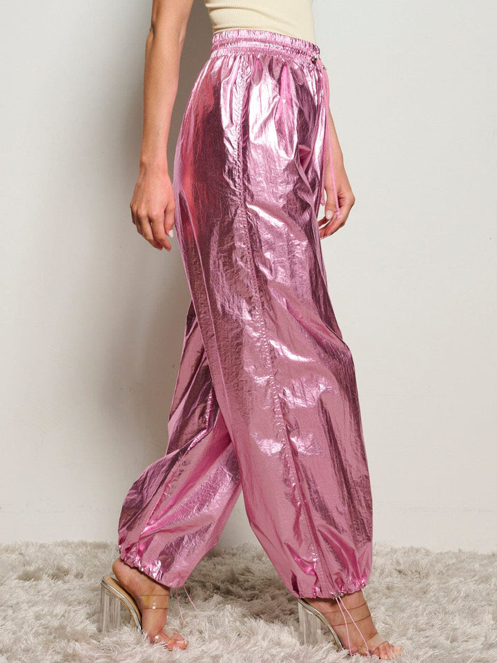 WOMEN'S ELASTIC WAIST POCKETS JOGGER METALLIC PANTS