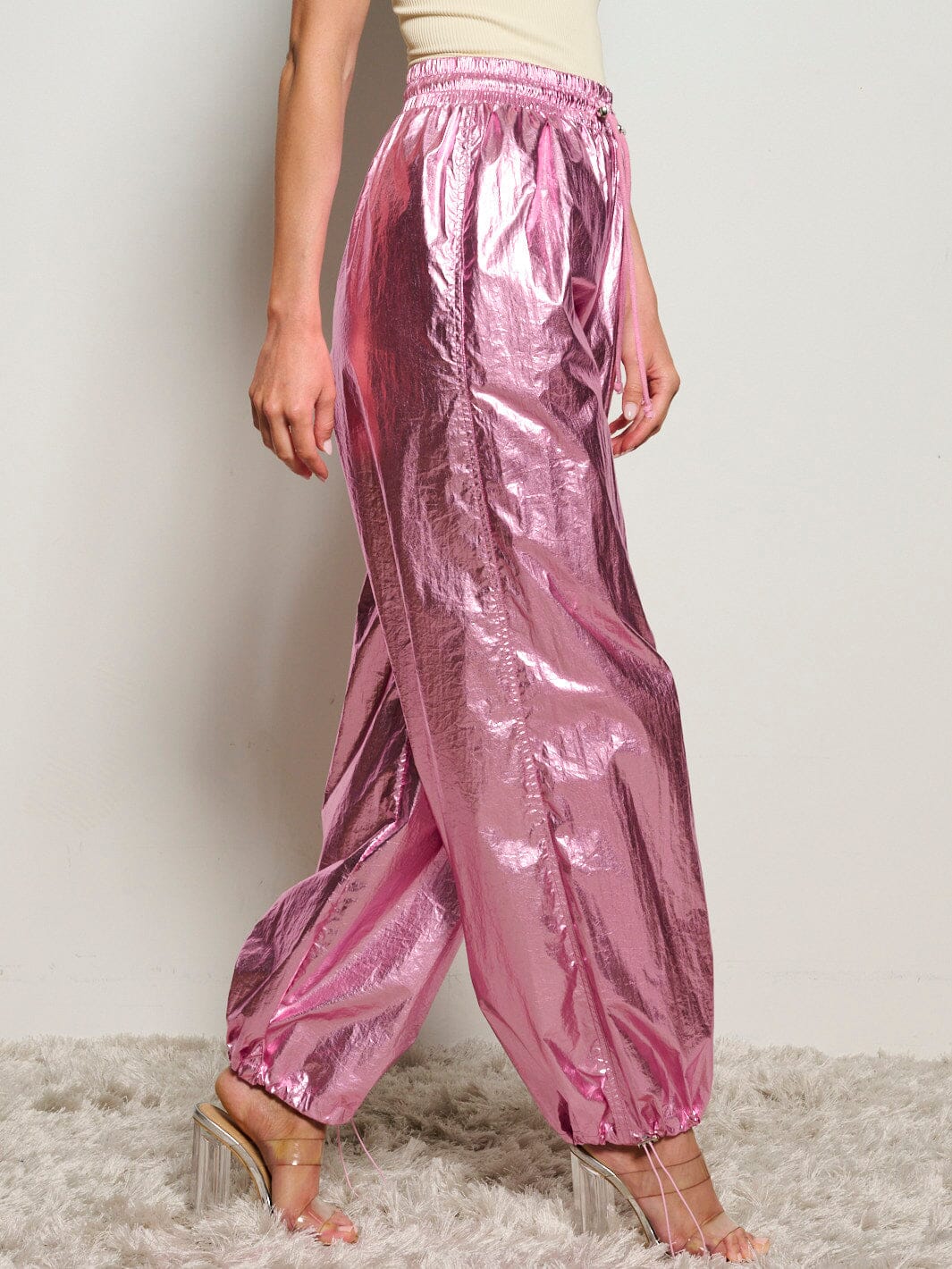 WOMEN'S ELASTIC WAIST POCKETS JOGGER METALLIC PANTS