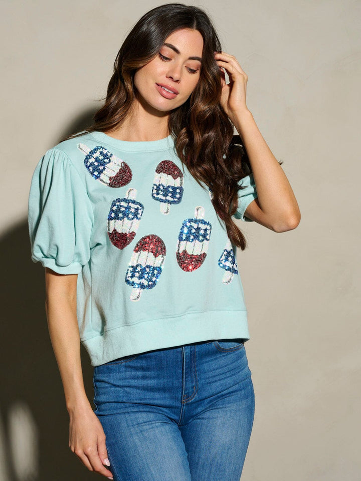 WOMEN'S SHORT PUFF SLEEVE ICE CREAM SEQUINS PRINT BLOUSE TOP