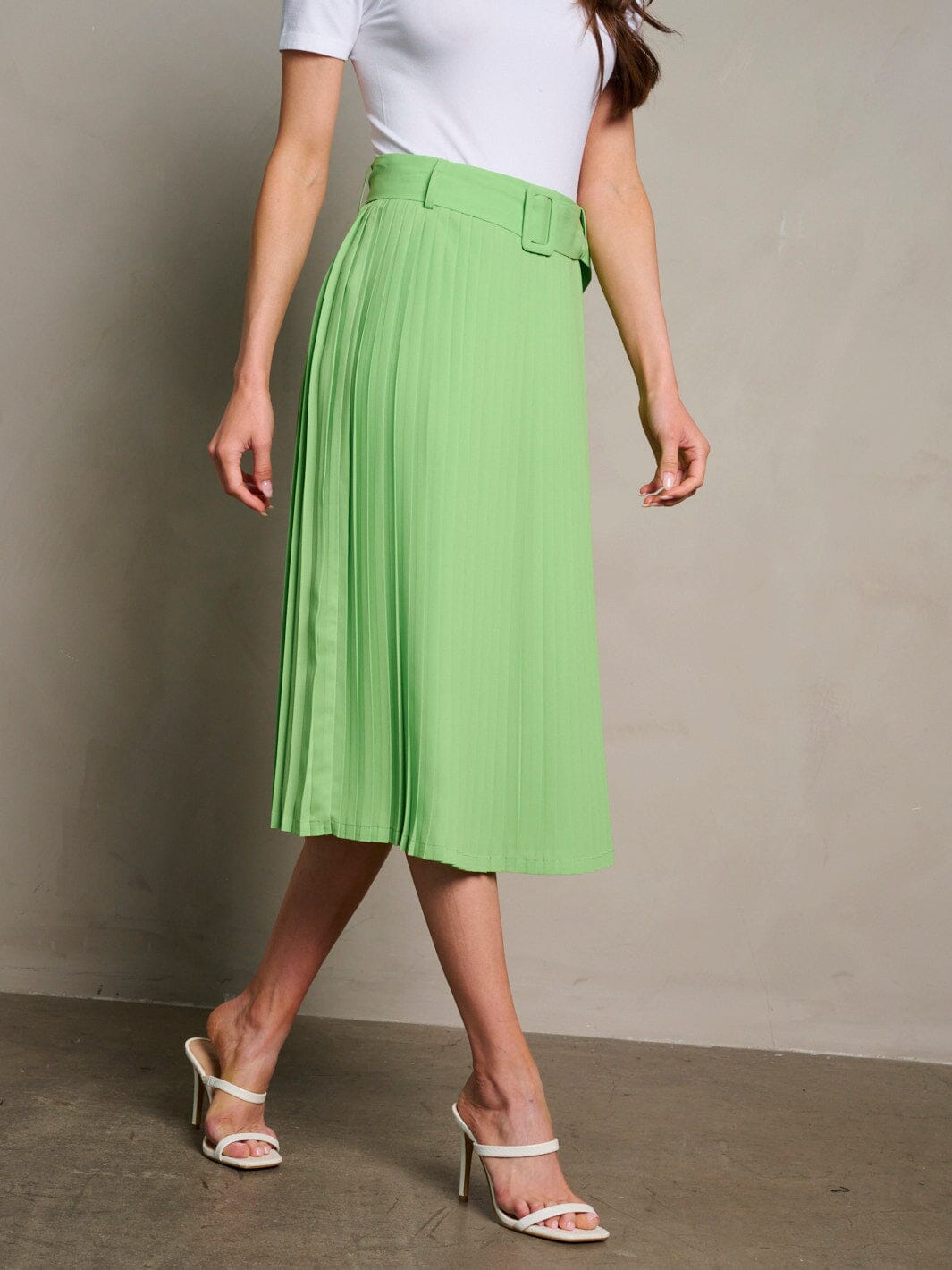 WOMEN'S ZIP UP BELTED PLEATED MIDI SKIRT