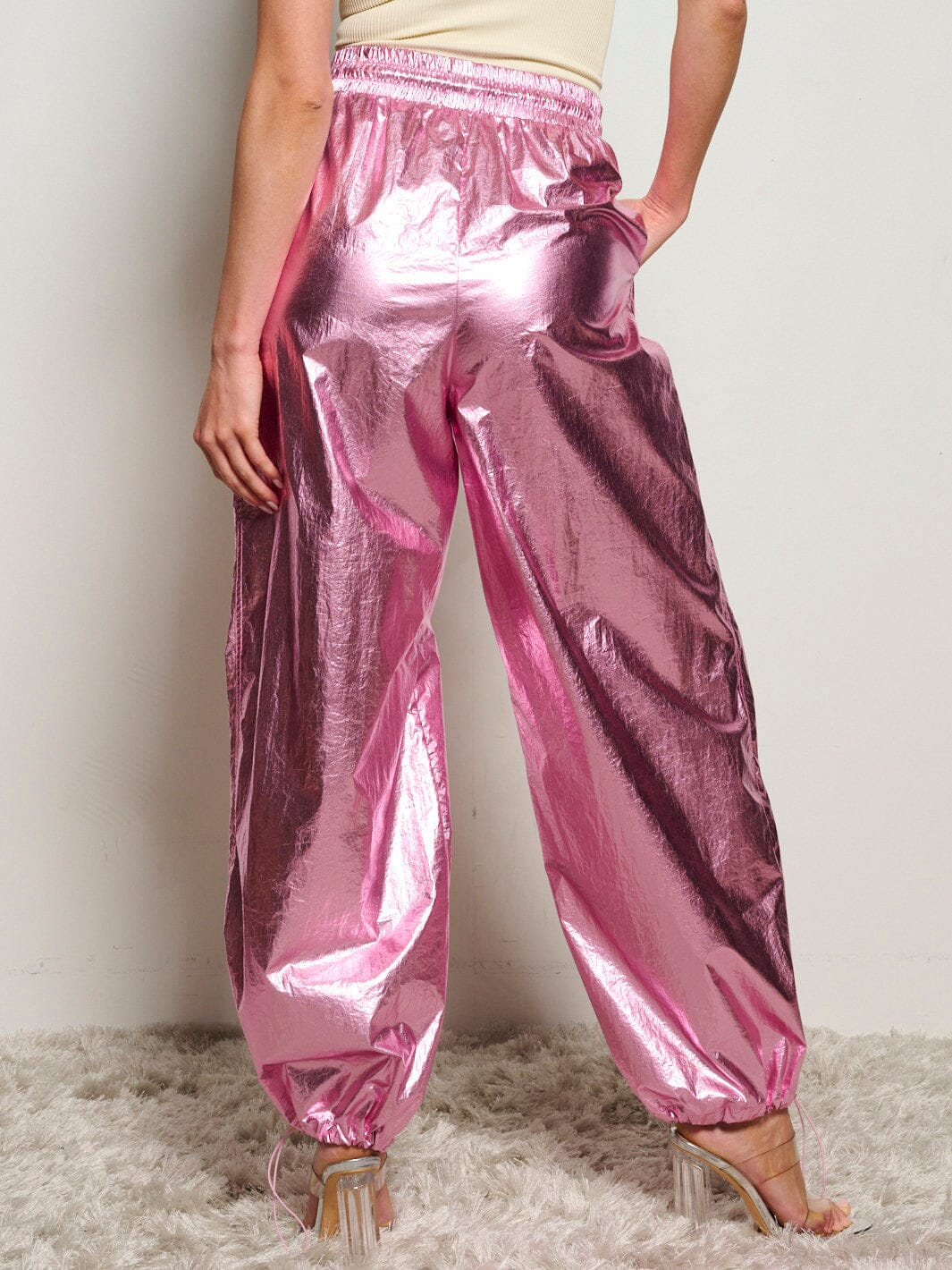 WOMEN'S ELASTIC WAIST POCKETS JOGGER METALLIC PANTS