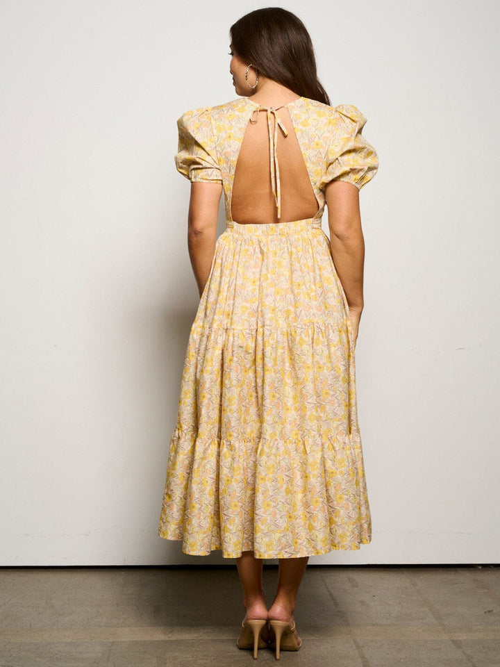 WOMEN'S SHORT PUFF SLEEVE TIERED OPEN BACK FLORAL MAXI DRESS