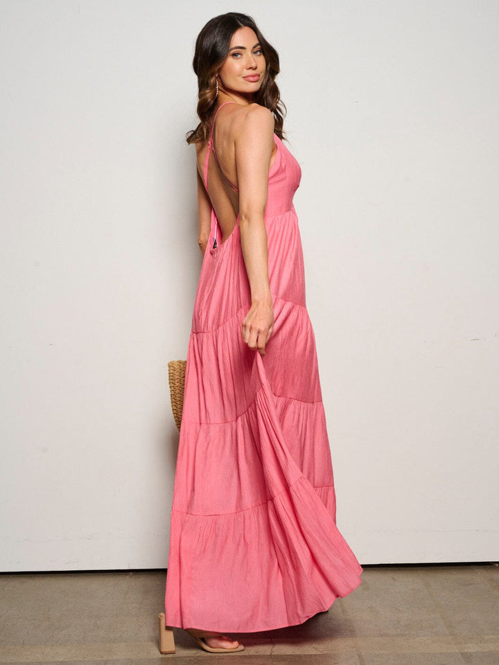 WOMEN'S SLEEVELESS V-NECK POCKETS TIERED OPEN BACK MAXI DRESS