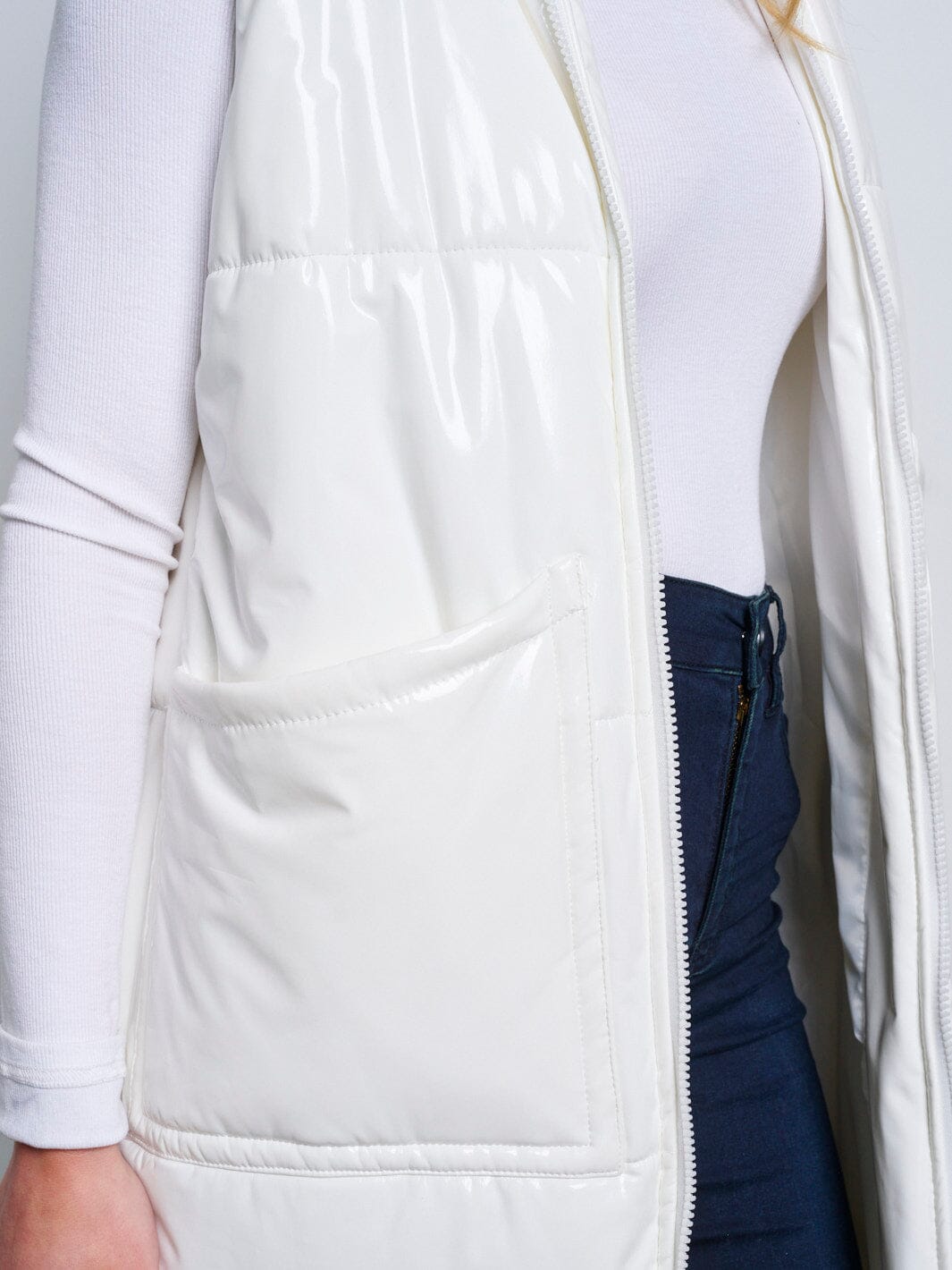 WOMEN'S SLEEVELESS ZIP UP FRONT POCKETS PU PLEATHER LONG PUFFER VEST