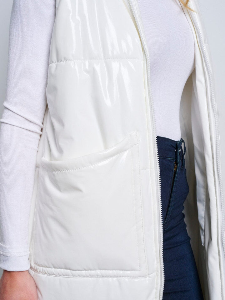 WOMEN'S SLEEVELESS ZIP UP FRONT POCKETS PU PLEATHER LONG PUFFER VEST