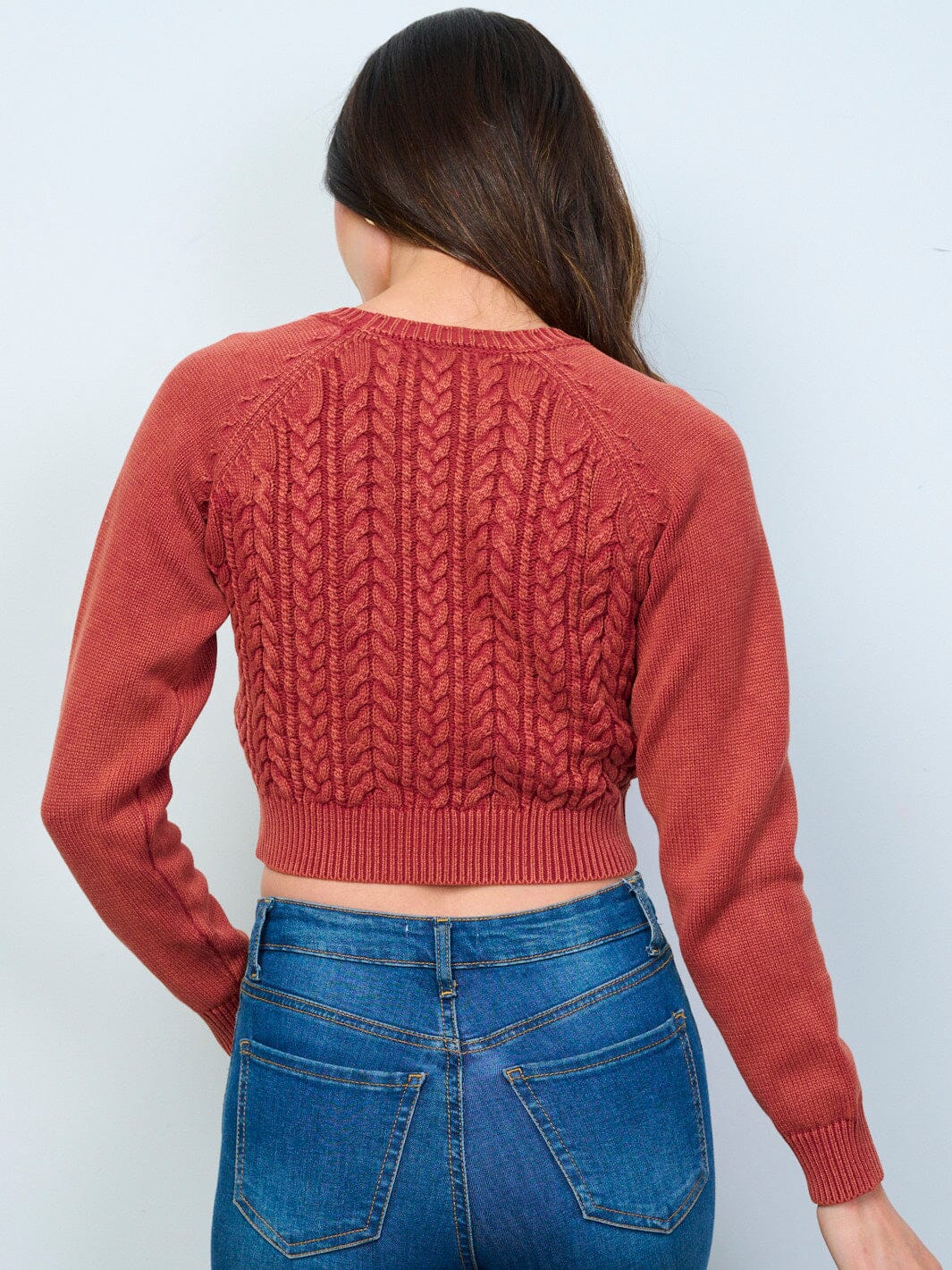 WOMEN'S LONG SLEEVES BUTTON UP CABLE KNIT CROP TOP