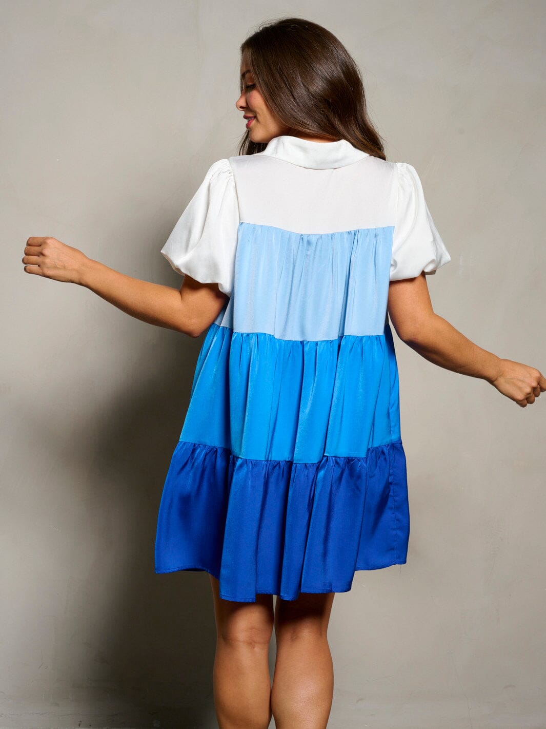 WOMEN'S SHORT PUFF SLEEVE COLORBLOCK TIERED TUNIC MINI DRESS