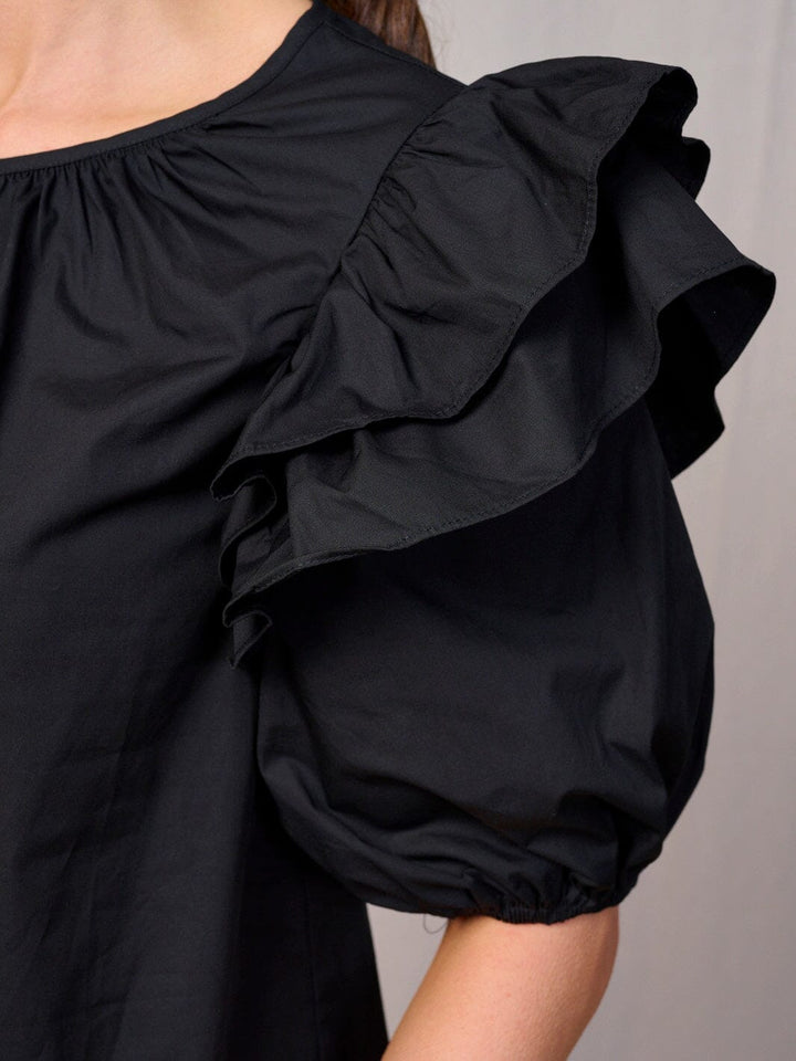 WOMEN'S SHORT RUFFLE SLEEVE KEY HOLE BLOUSE