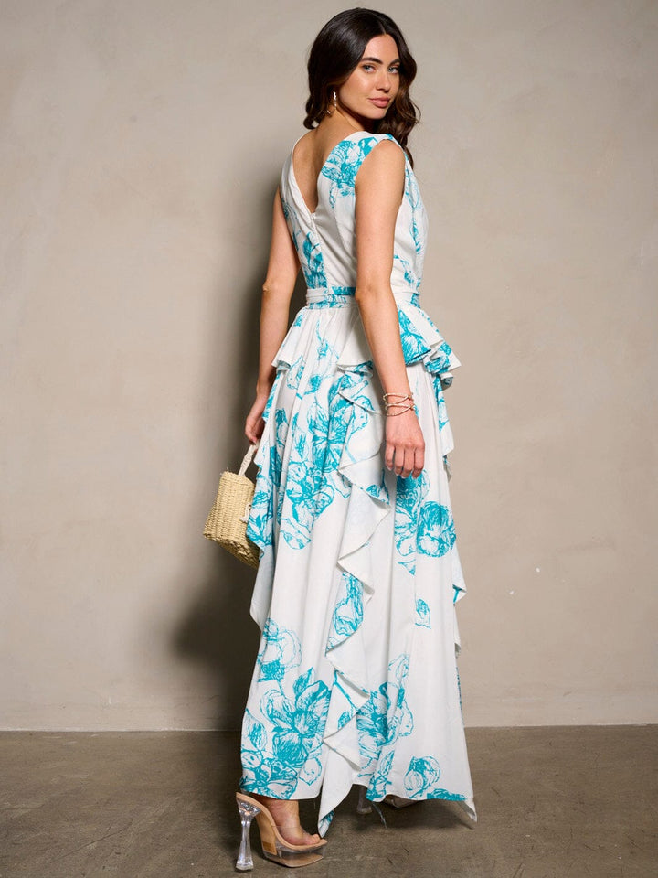 WOMEN'S SLEEVELESS V-NECK RUFFLE PRINTED MAXI DRESS