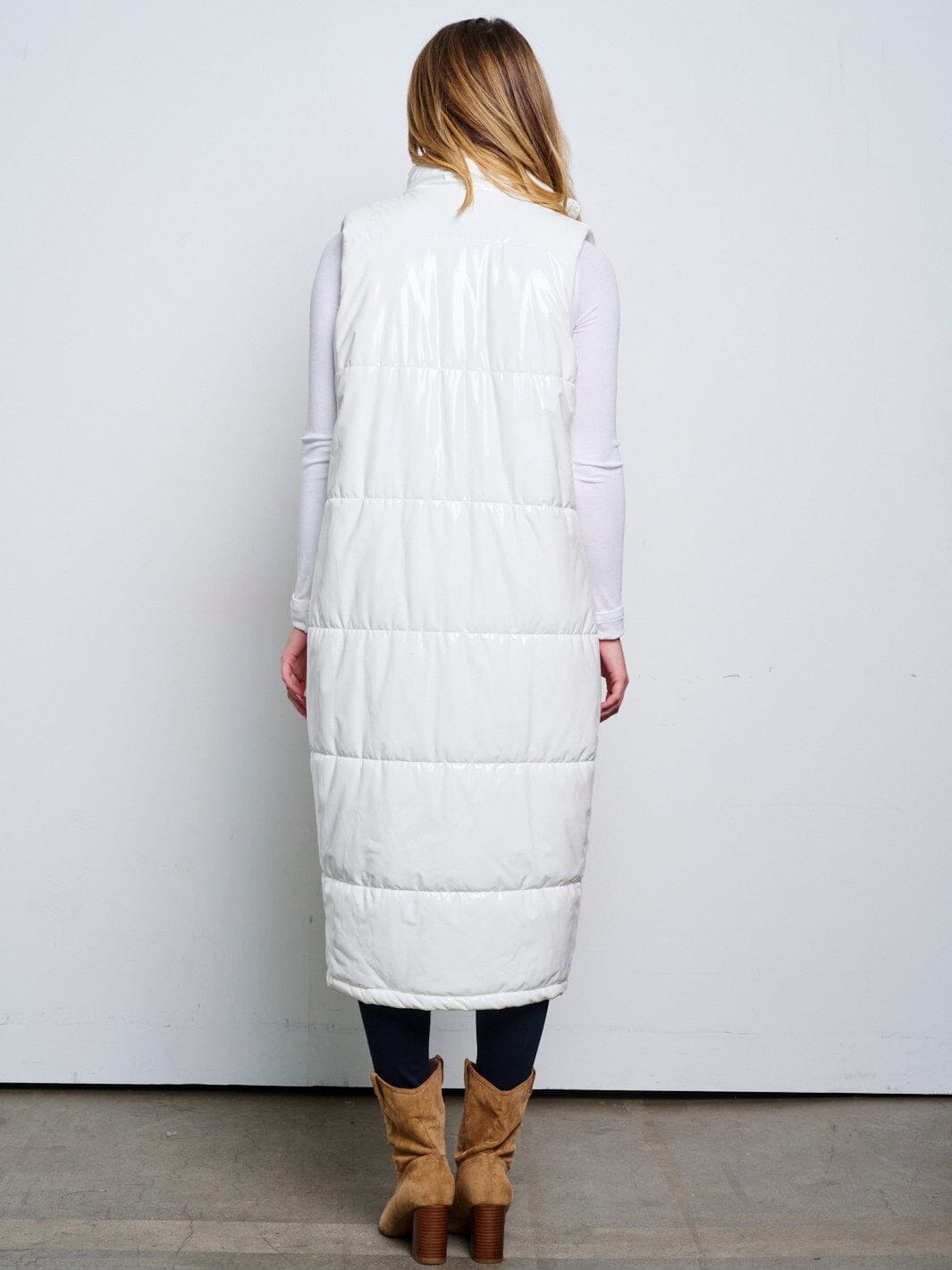 WOMEN'S SLEEVELESS ZIP UP FRONT POCKETS PU PLEATHER LONG PUFFER VEST