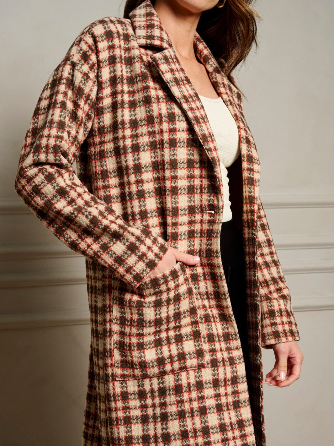 WOMEN'S LONG SLEEVE BUTTON CLOSURE POCKETS PLAID COAT