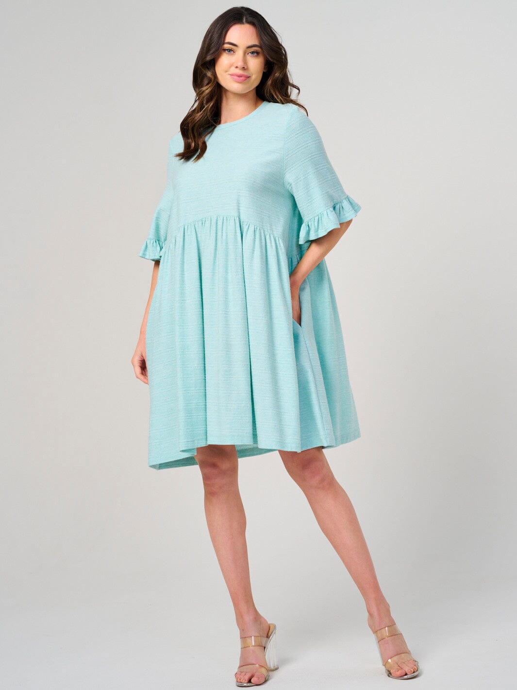 WOMEN'S SHORT RUFFLE SLEEVE FRONT POCKETS TUNIC MINI DRESS