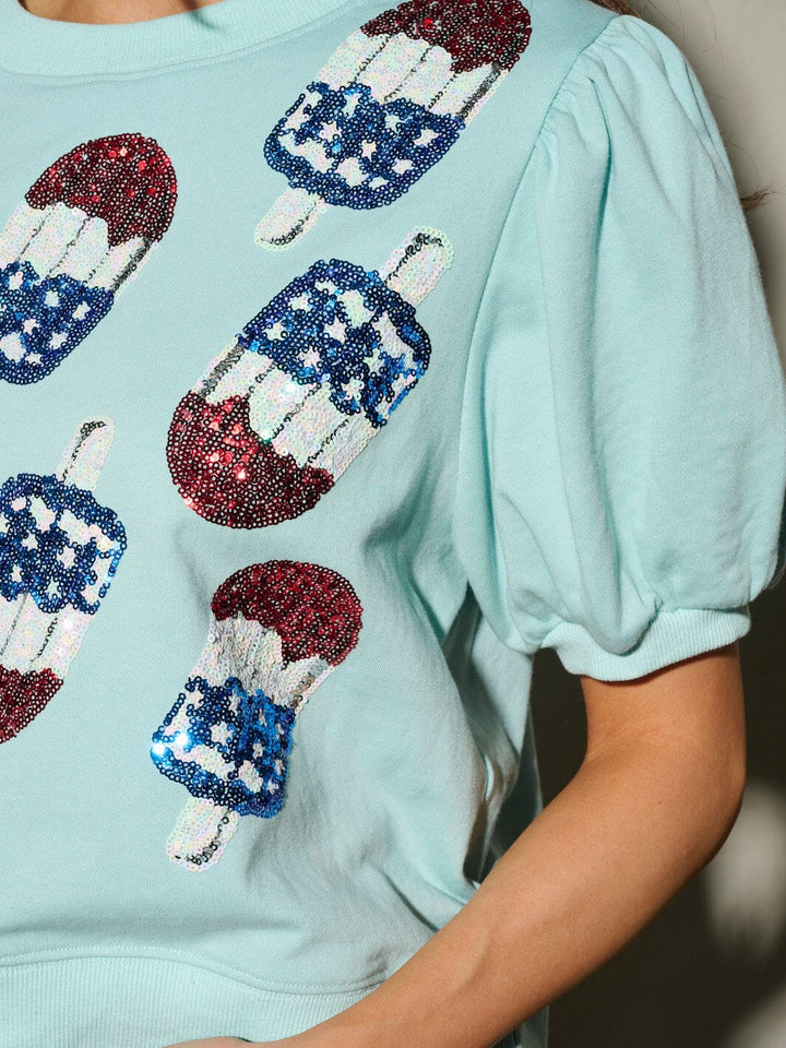 WOMEN'S SHORT PUFF SLEEVE ICE CREAM SEQUINS PRINT BLOUSE TOP