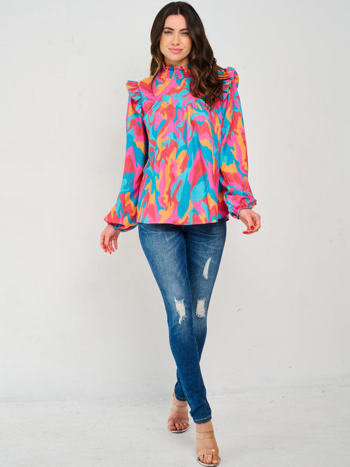 WOMEN'S LONG SLEEVE MOCK NECK MULTI PRINT BLOUSE