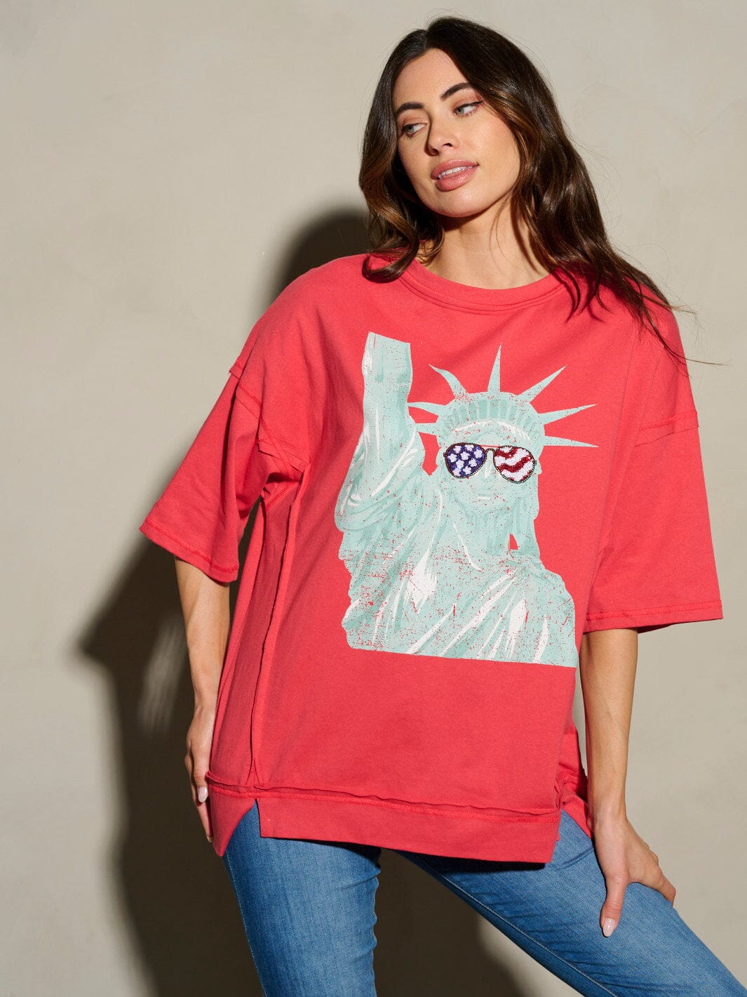 WOMEN'S SHORT SLEEVE SEQUINS LADY LIBERTY PATRIOTIC TUNIC BLOUSE TOP