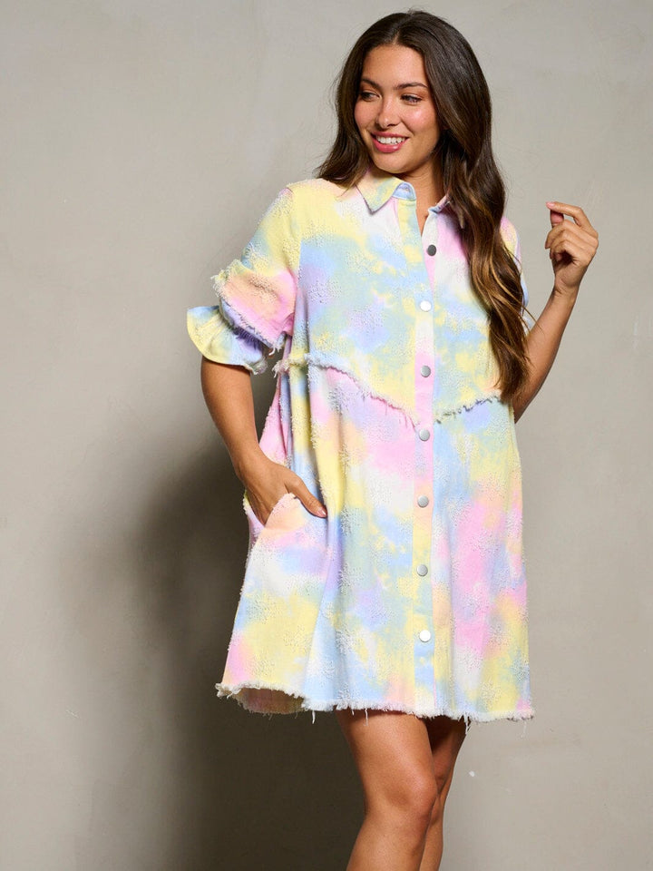 WOMEN'S SHORT SLEEVE BUTTON UP DETAILED POCKETS TIE DYE TUNIC MINI DRESS