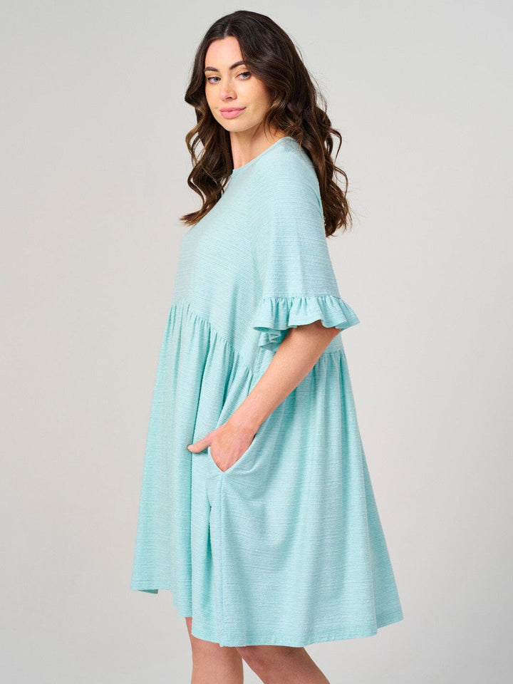 WOMEN'S SHORT RUFFLE SLEEVE FRONT POCKETS TUNIC MINI DRESS