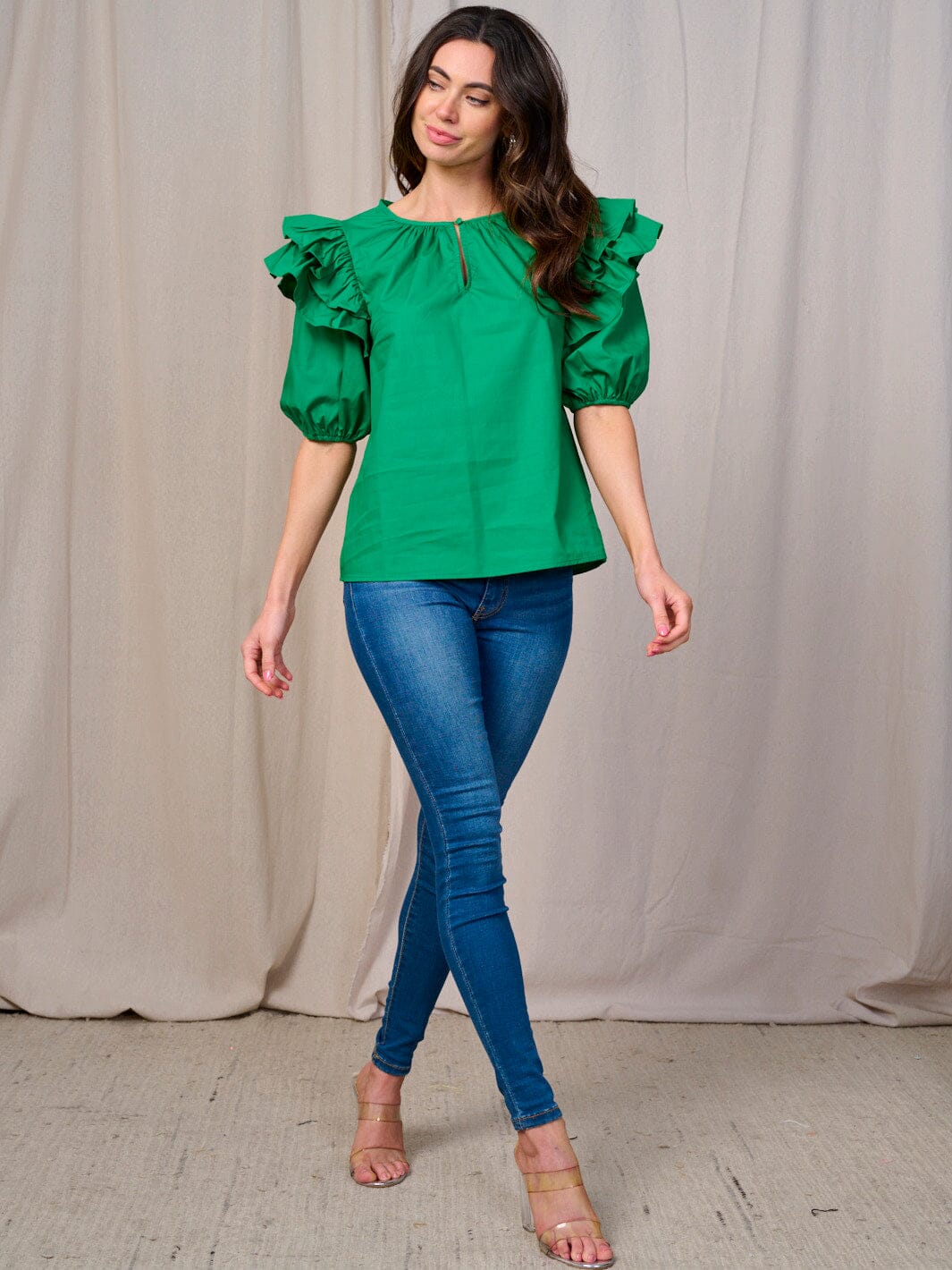 WOMEN'S SHORT RUFFLE SLEEVE KEY HOLE BLOUSE