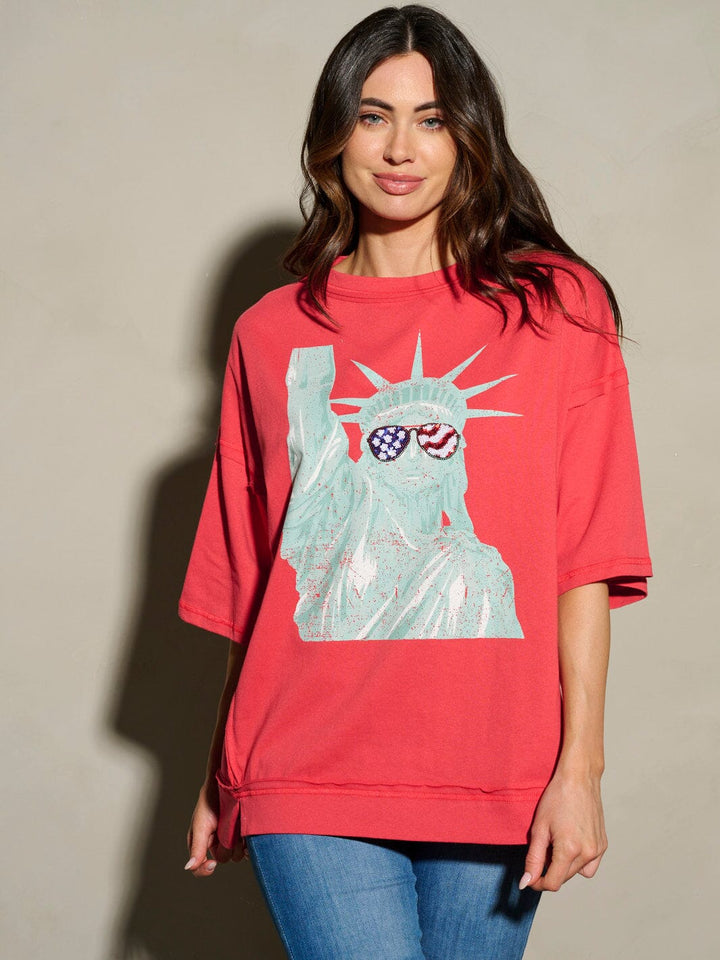 WOMEN'S SHORT SLEEVE SEQUINS LADY LIBERTY PATRIOTIC TUNIC BLOUSE TOP