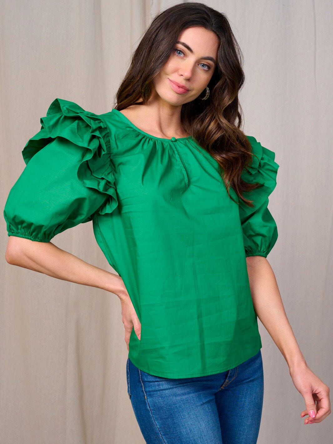 WOMEN'S SHORT RUFFLE SLEEVE KEY HOLE BLOUSE