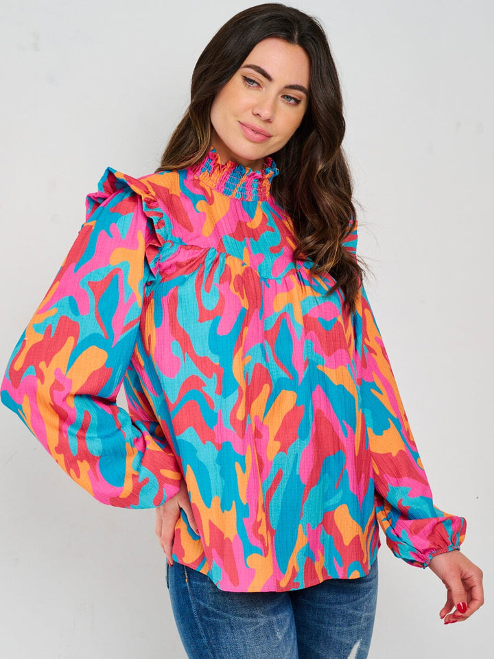 WOMEN'S LONG SLEEVE MOCK NECK MULTI PRINT BLOUSE