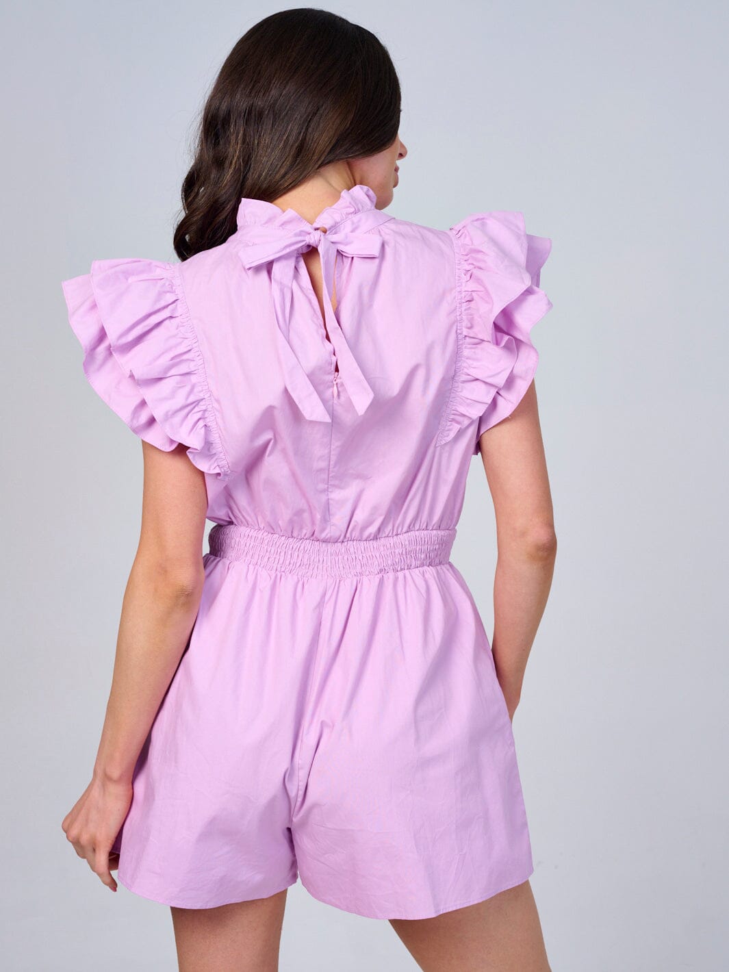 WOMEN'S RUFFLE SLEEVE MOCK NECK SMOCK WAIST ROMPER