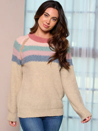 WOMEN'S LONG SLEEVE COLORBLOCK STRIPES PULLOVER SWEATER