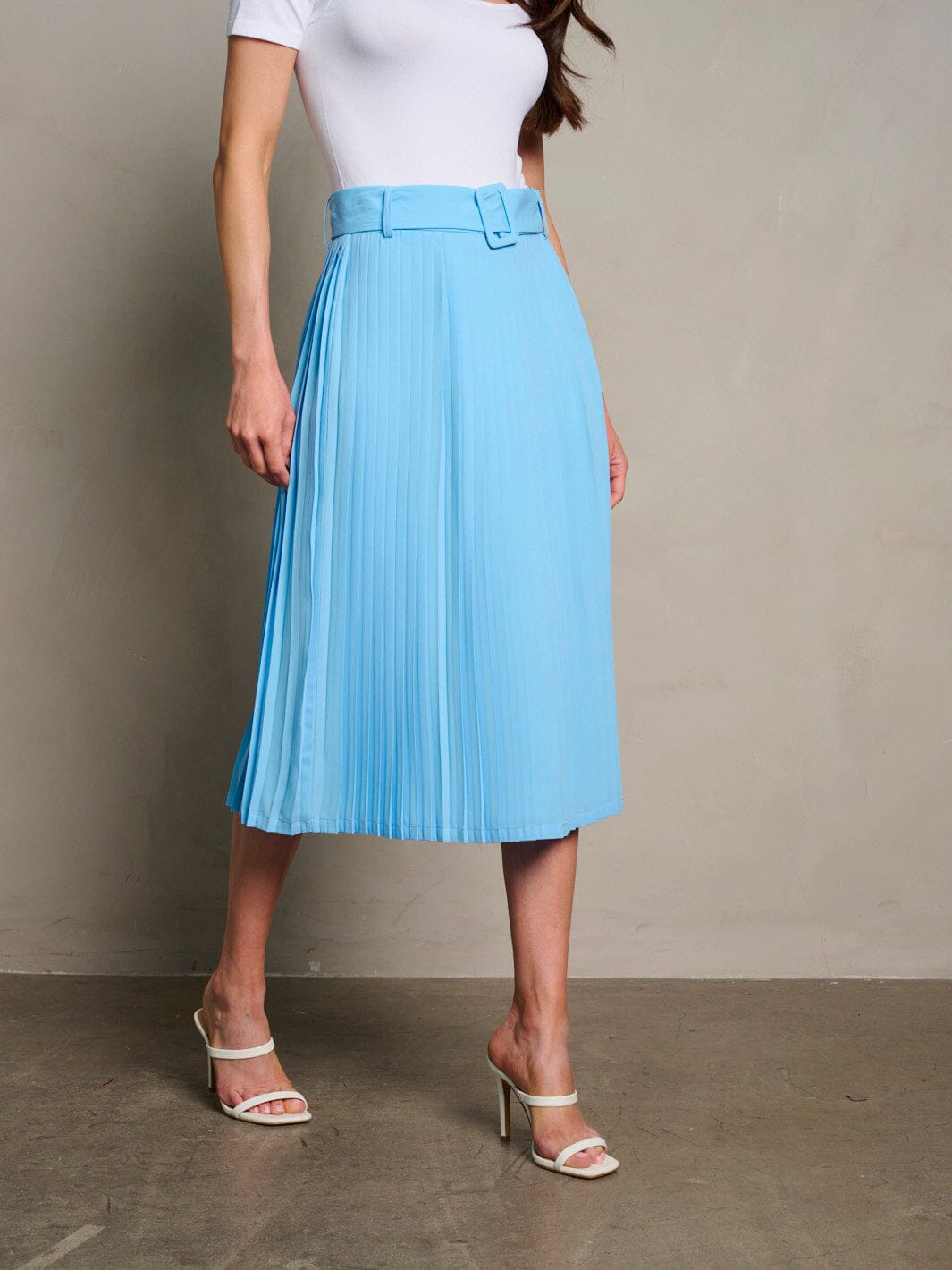 WOMEN'S ZIP UP BELTED PLEATED MIDI SKIRT