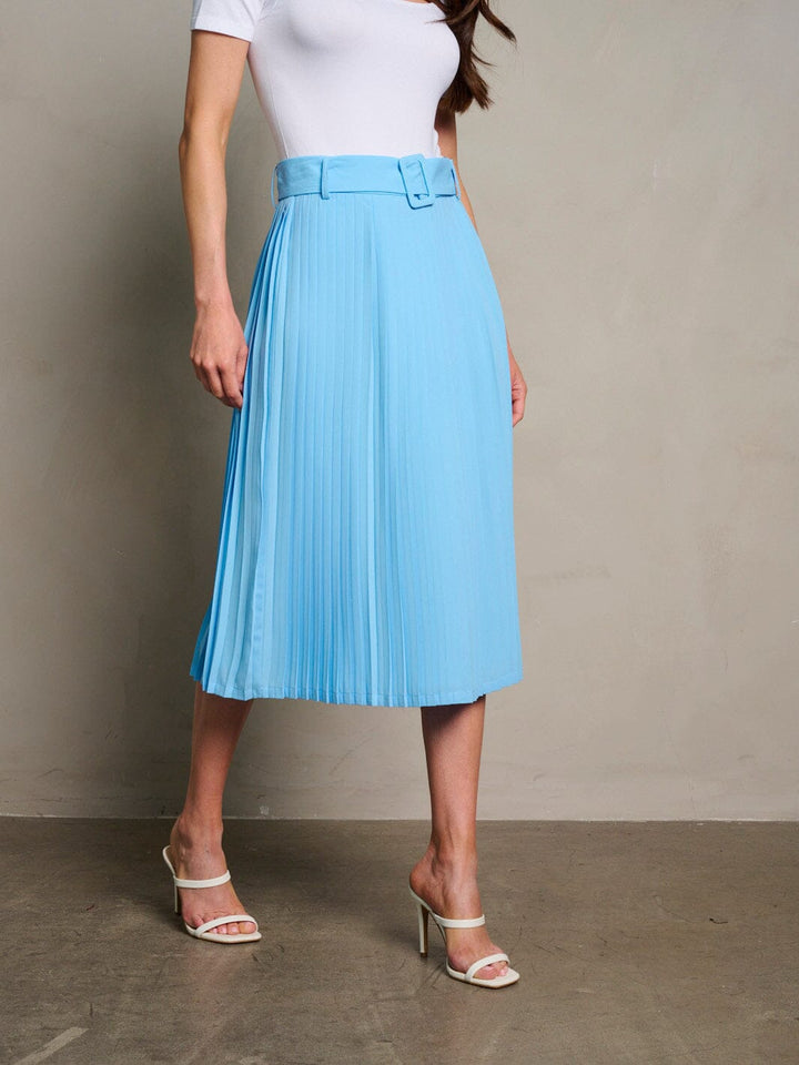 WOMEN'S ZIP UP BELTED PLEATED MIDI SKIRT