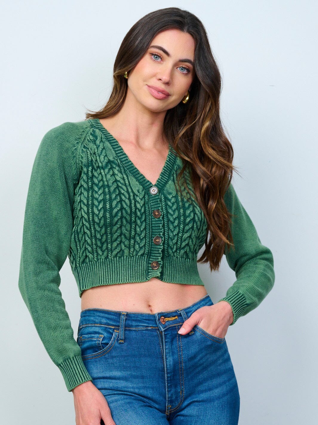 WOMEN'S LONG SLEEVES BUTTON UP CABLE KNIT CROP TOP