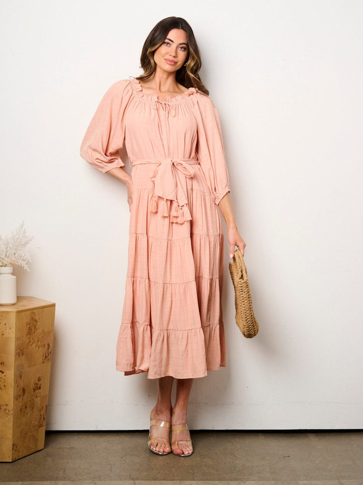 WOMEN'S 3/4 SLEEVE TIERED SELF TIE TUNIC MAXI DRESS