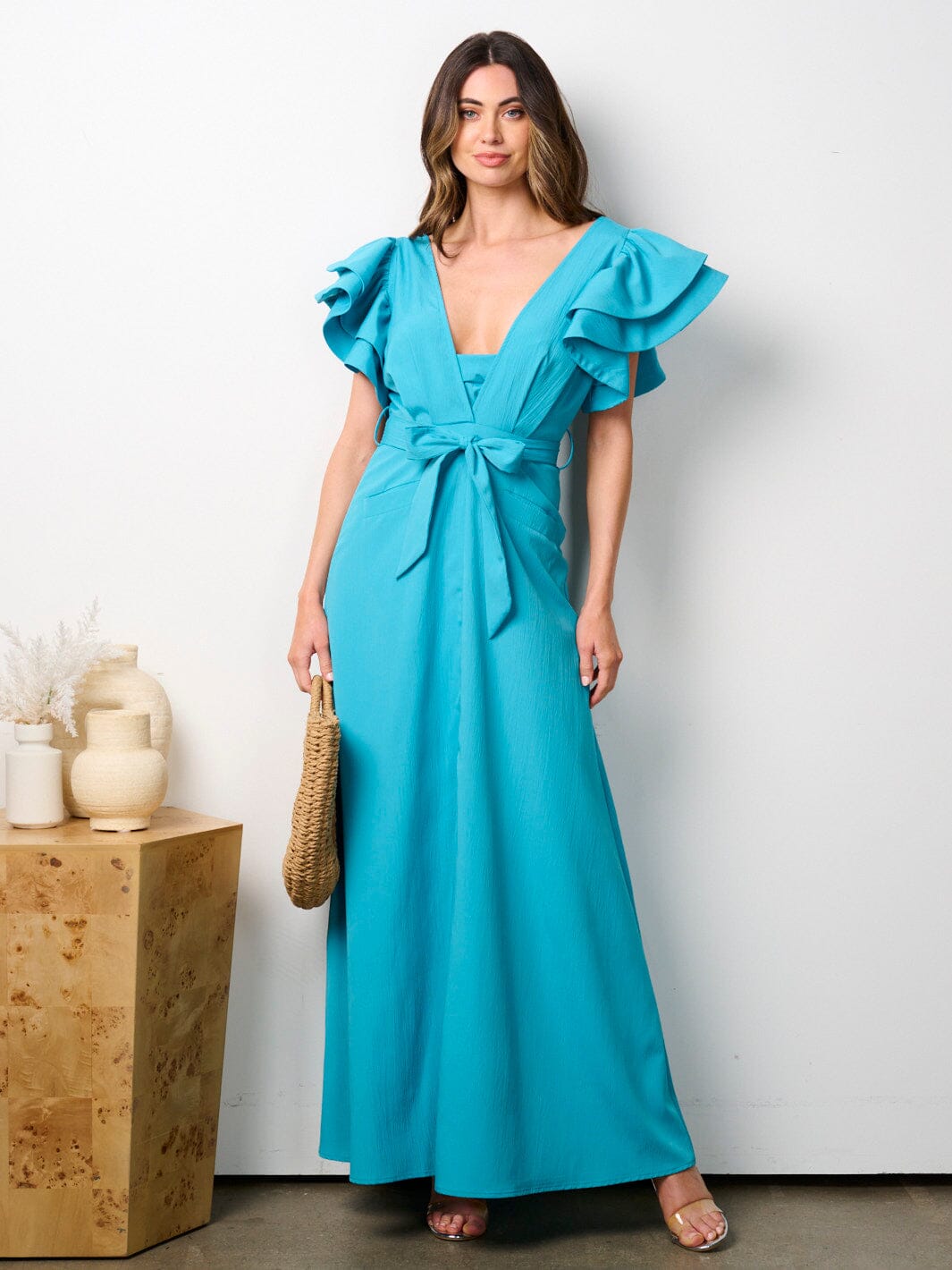 WOMEN'S SHORT RUFFLE SLEEVE V-NECK POCKETS SELF TIE MAXI DRESS