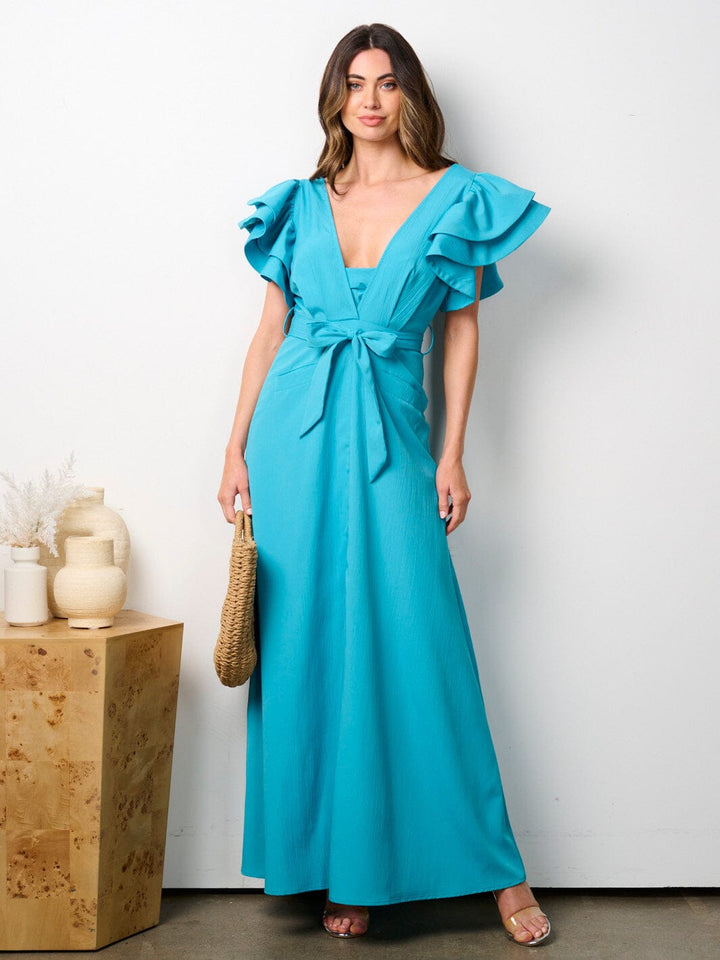 WOMEN'S SHORT RUFFLE SLEEVE V-NECK POCKETS SELF TIE MAXI DRESS