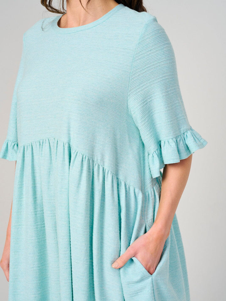 WOMEN'S SHORT RUFFLE SLEEVE FRONT POCKETS TUNIC MINI DRESS