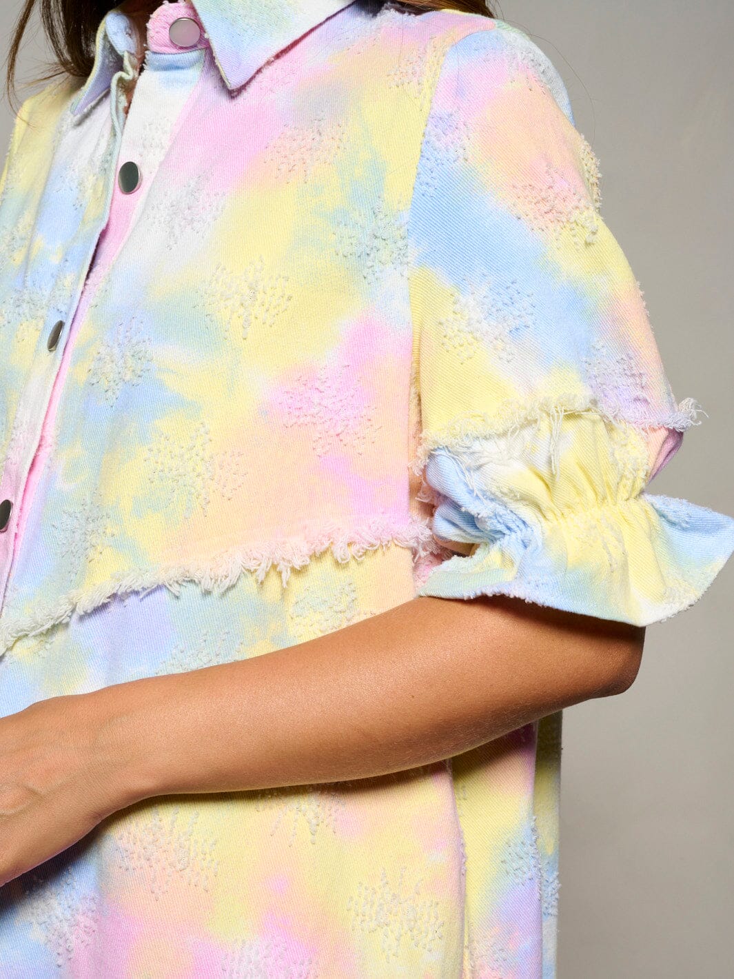 WOMEN'S SHORT SLEEVE BUTTON UP DETAILED POCKETS TIE DYE TUNIC MINI DRESS