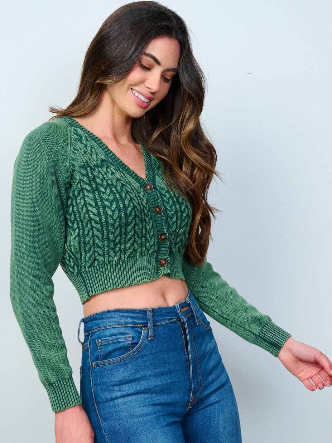 WOMEN'S LONG SLEEVES BUTTON UP CABLE KNIT CROP TOP