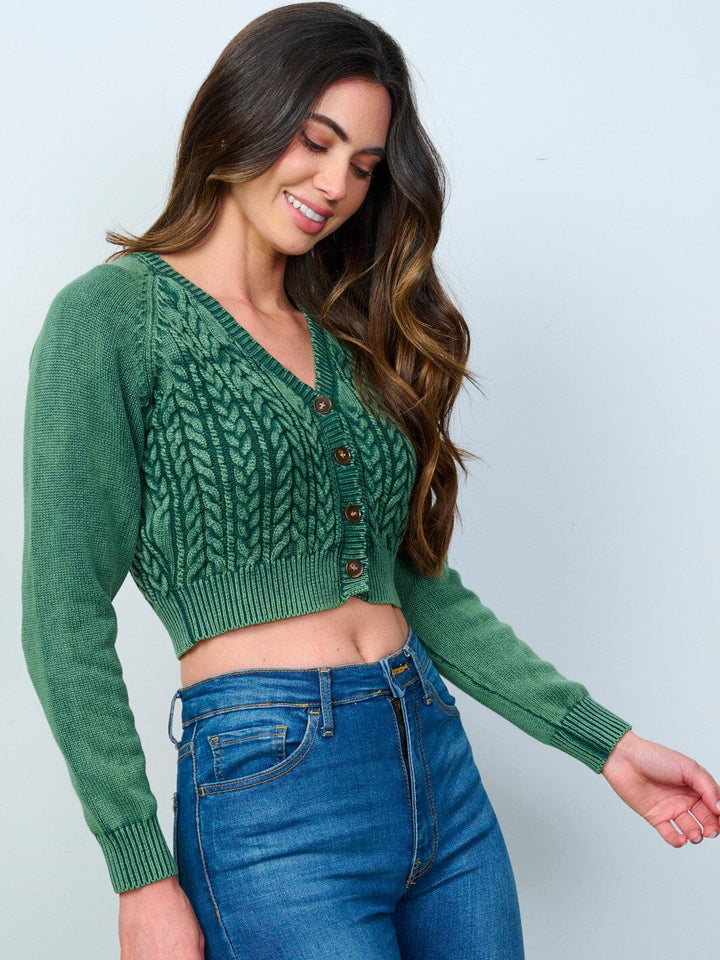 WOMEN'S LONG SLEEVES BUTTON UP CABLE KNIT CROP TOP
