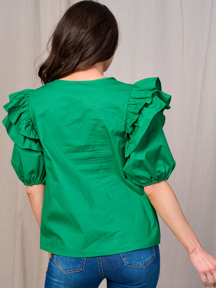 WOMEN'S SHORT RUFFLE SLEEVE KEY HOLE BLOUSE